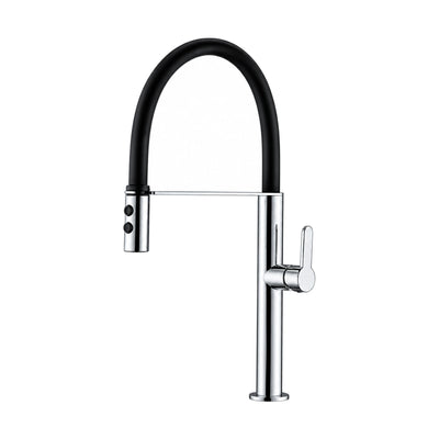 Chrome pull-down kitchen faucet with slim round column, black flexible hose loop and side docking arm — SANIKB DL-05 093-CP