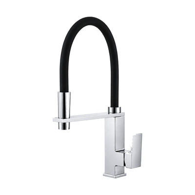 Chrome pull-down kitchen faucet with square-section body, flat square lever and black hose loop — SANIKB DL-05 094-CP