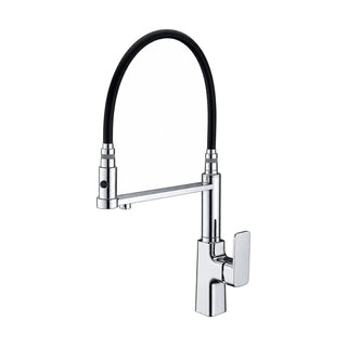 Chrome pull-down kitchen faucet with black flexible hose loop and spray head on a long horizontal arm — SANIKB DL-05 106-CP