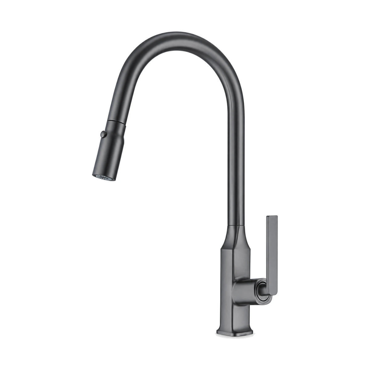 Gun Metal Grey — Matte black pull-down kitchen faucet with rose gold collar, thin blade lever and high-arc spout — SANIKB DL-05 067-QH