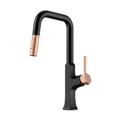 Matte black faceted pull-down kitchen faucet with rose gold spray head and rose gold side lever — SANIKB K794D 01 10 5