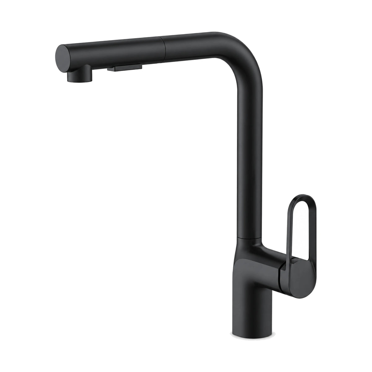 Matte Black — Matte black kitchen faucet with tall L-shaped round tube, pull-out spray head and open oval loop side lever — SANIKB DL-05 155-BK