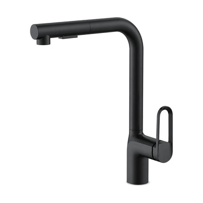 Matte Black — Matte black kitchen faucet with tall L-shaped round tube, pull-out spray head and open oval loop side lever — SANIKB DL-05 155-BK