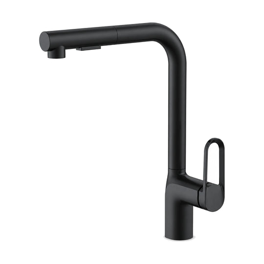 Matte Black — Matte black kitchen faucet with tall L-shaped round tube, pull-out spray head and open oval loop side lever — SANIKB DL-05 155-BK