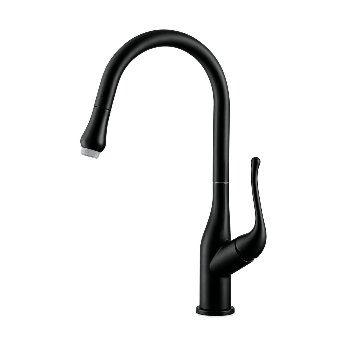 Matte Black — Matte black pull-down kitchen faucet with slim body, tall curved blade lever alongside and high arc spout — SANIKB DL-05 103-BK