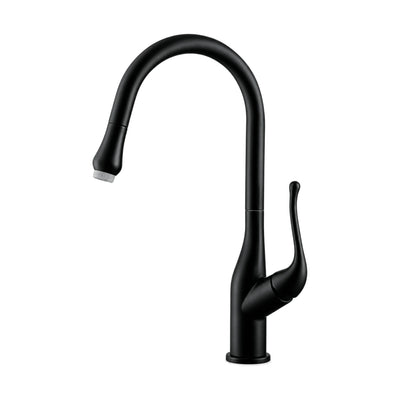 Matte Black — Matte black pull-down kitchen faucet with slim body, tall curved blade lever alongside and high arc spout — SANIKB DL-05 103-BK