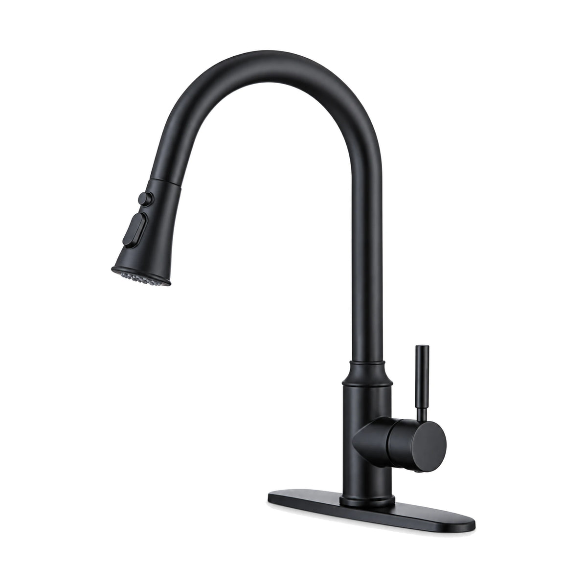 Matte Black — Matte black pull-down kitchen faucet with straight round body, side pin lever and rectangular deck plate — SANIKB DL-05 128-BK