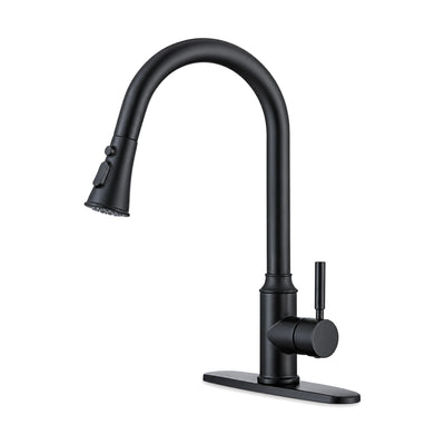 Matte Black — Matte black pull-down kitchen faucet with straight round body, side pin lever and rectangular deck plate — SANIKB DL-05 128-BK