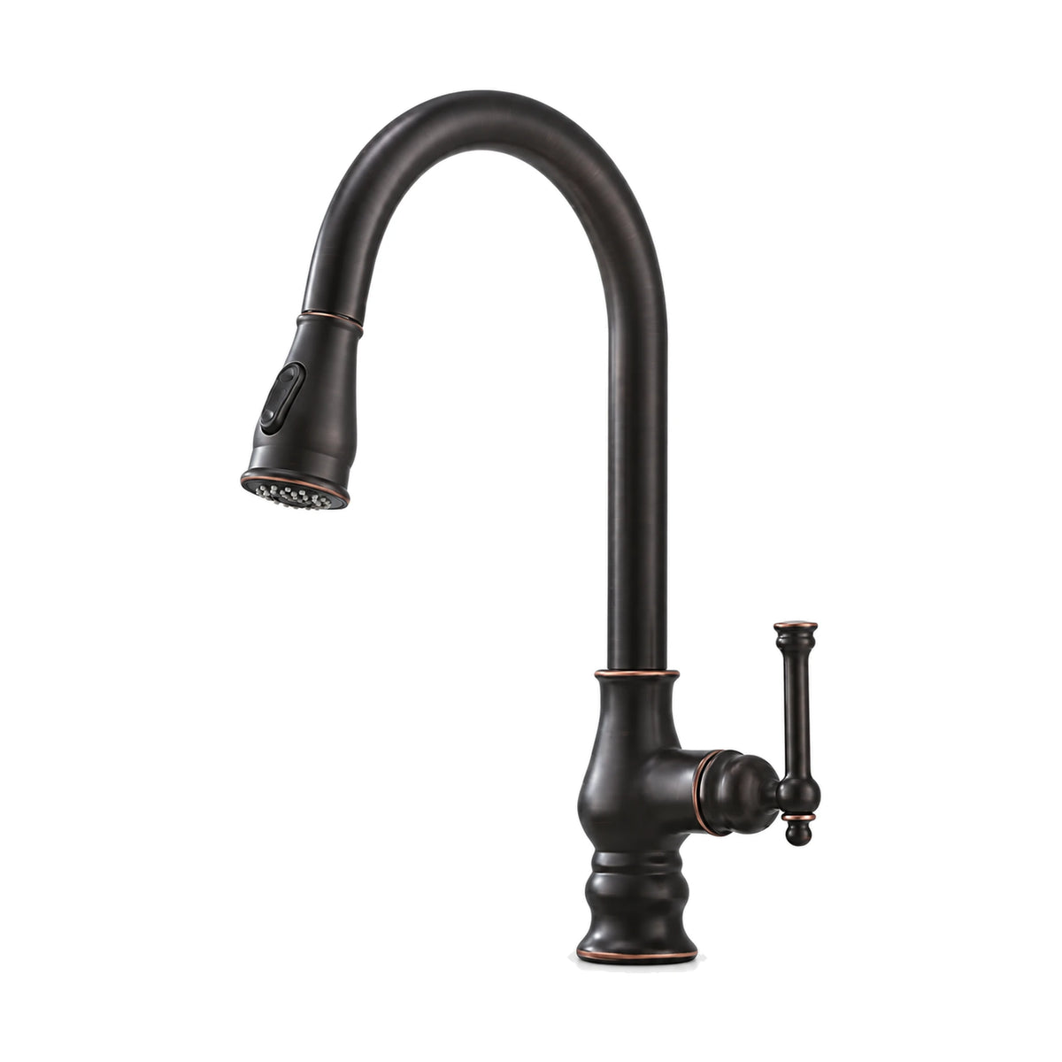 Oil Rubbed Bronze traditional pull-down kitchen faucet with turned base, ball-finial lever, deck plate — SANIKB DL-05 009-OP