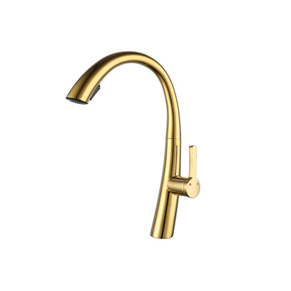 Brushed gold pull-down kitchen faucet, stainless steel body, high-arc gooseneck spray head — SANIKB FYF-05016.