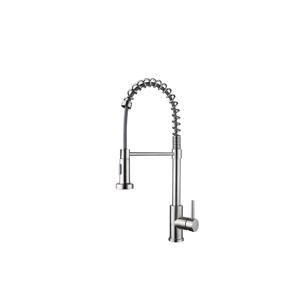 Brushed nickel pull-down kitchen faucet, stainless steel, spring coil spout and single lever — SANIKB FYF-05035.