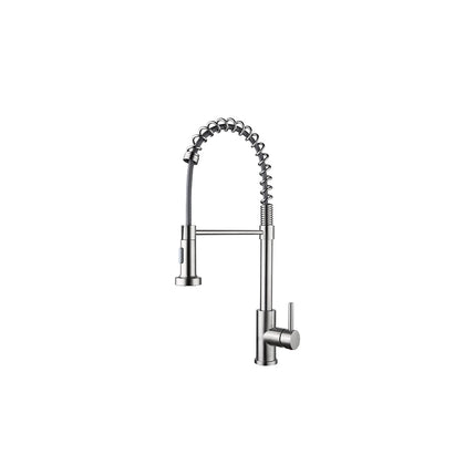 Brushed nickel pull-down kitchen faucet, stainless steel, spring coil spout and single lever — SANIKB FYF-05035.