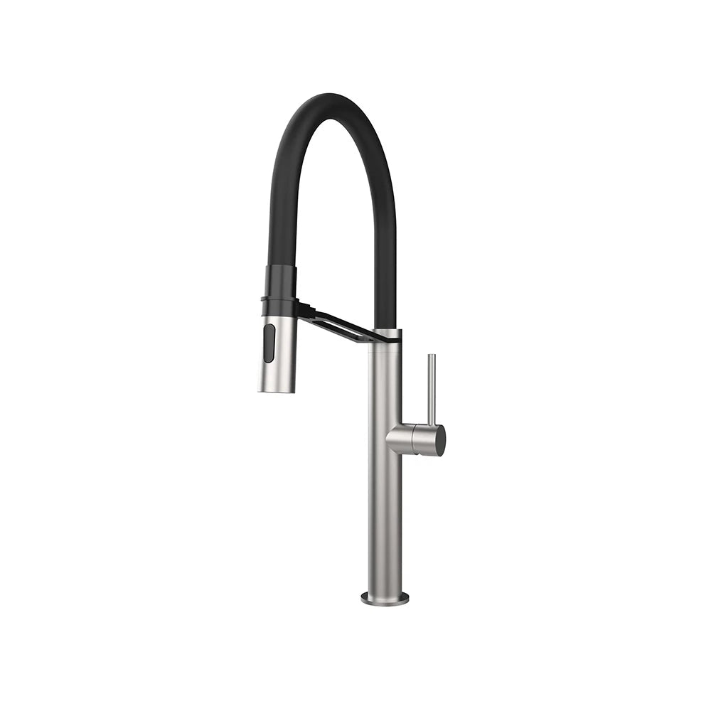 Brushed nickel pull-down kitchen faucet, stainless steel, flexible black spring-coil spout - SANIKB FYF-05046.