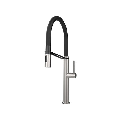 Brushed nickel pull-down kitchen faucet, stainless steel, flexible black spring-coil spout - SANIKB FYF-05046.