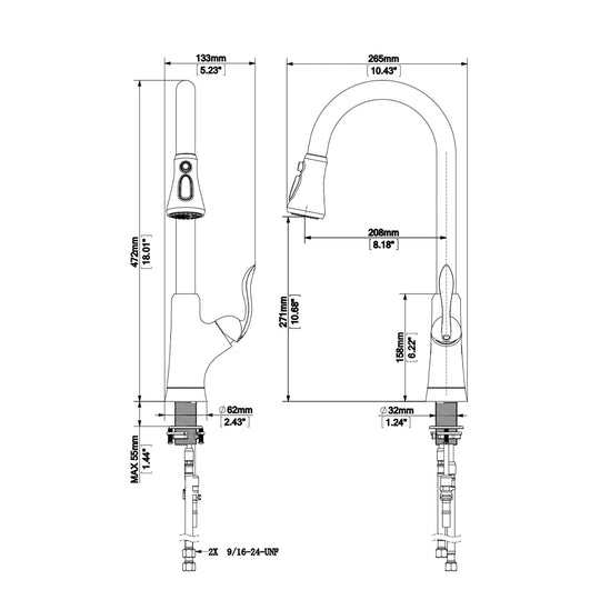 Dimensioned spec drawing for SANIKB FYF-05038 pull-down kitchen faucet