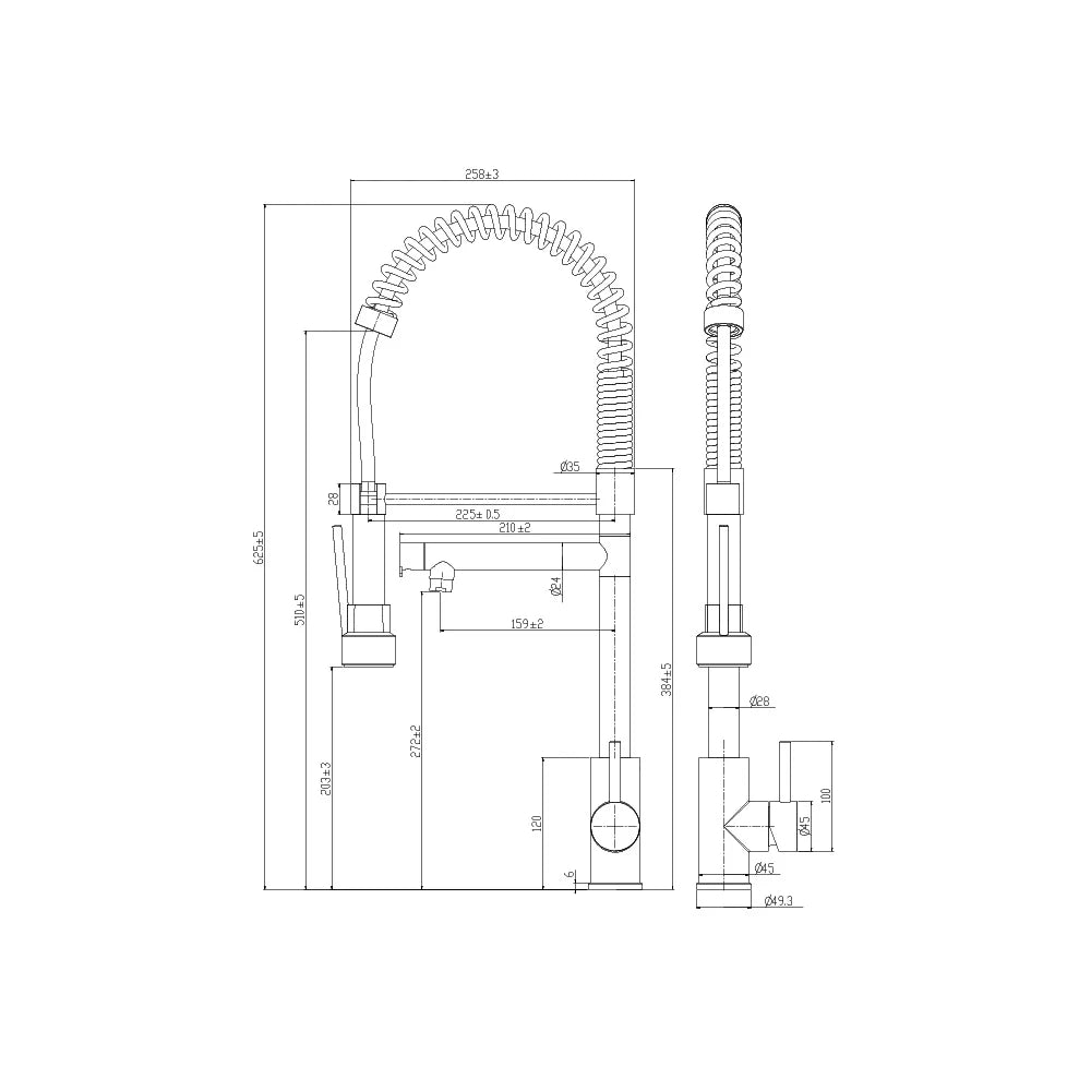 Dimensioned spec drawing for SANIKB FYF-05039 spring pull-down kitchen faucet
