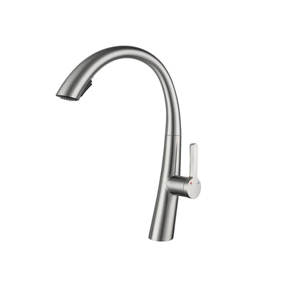 Brushed nickel pull-down kitchen faucet, stainless steel body, high-arc gooseneck spout — SANIKB FYF-05016.