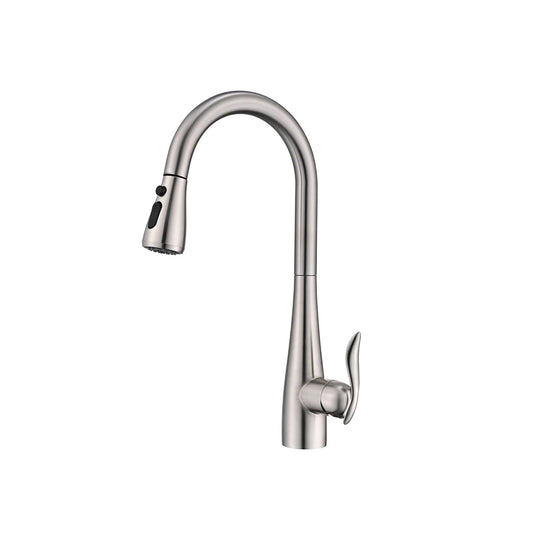 Brushed nickel pull-down kitchen faucet, stainless steel, high-arc gooseneck spout with dual-spray head — SANIKB FYF-05024