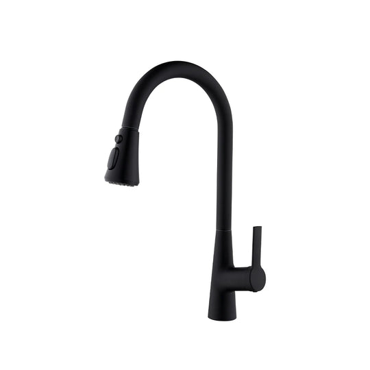 Matte black pull-down kitchen faucet, stainless steel body, high-arc gooseneck spout — SANIKB FYF-05032.