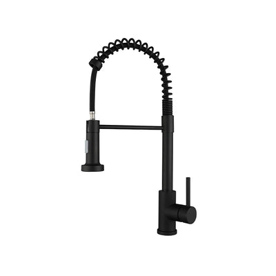 Matte black pull-down kitchen faucet, stainless steel, commercial coiled spring neck — SANIKB FYF-05035.