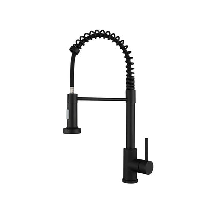 Matte black pull-down kitchen faucet, stainless steel, commercial coiled spring neck — SANIKB FYF-05035.