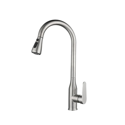 Brushed stainless steel pull-down kitchen faucet, high-arc gooseneck spout, pull-down spray head — SANIKB FYF-05037.