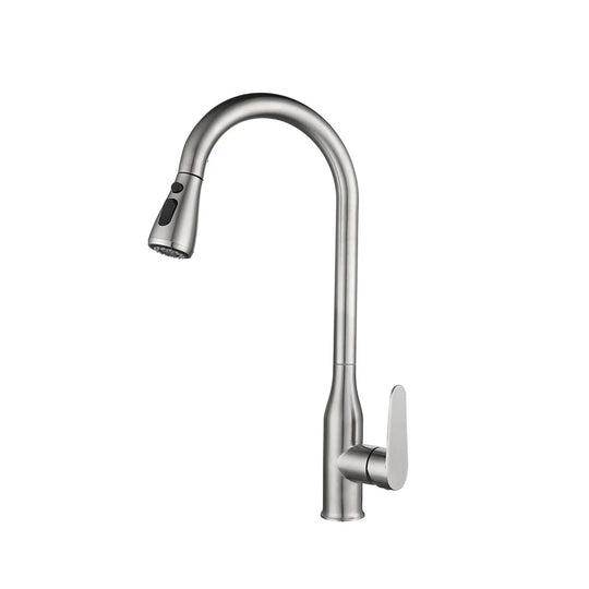 Brushed stainless steel pull-down kitchen faucet, high-arc gooseneck spout, pull-down spray head — SANIKB FYF-05037.