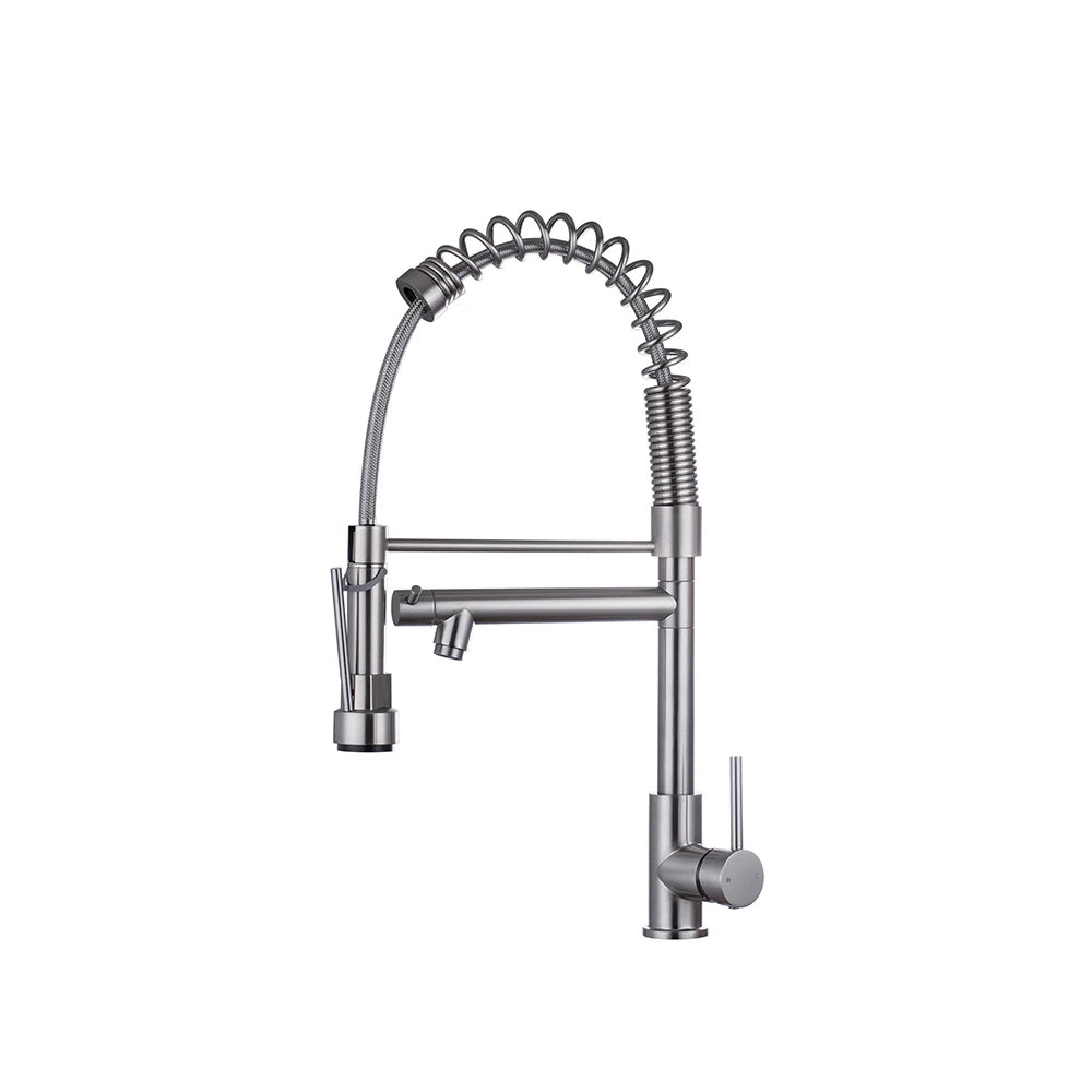 Brushed stainless steel pull-down kitchen faucet, commercial coil spring spout with dual sprayer — SANIKB FYF-05039