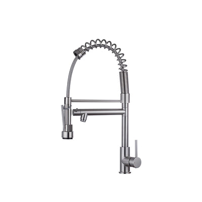 Brushed stainless steel pull-down kitchen faucet, commercial coil spring spout with dual sprayer — SANIKB FYF-05039