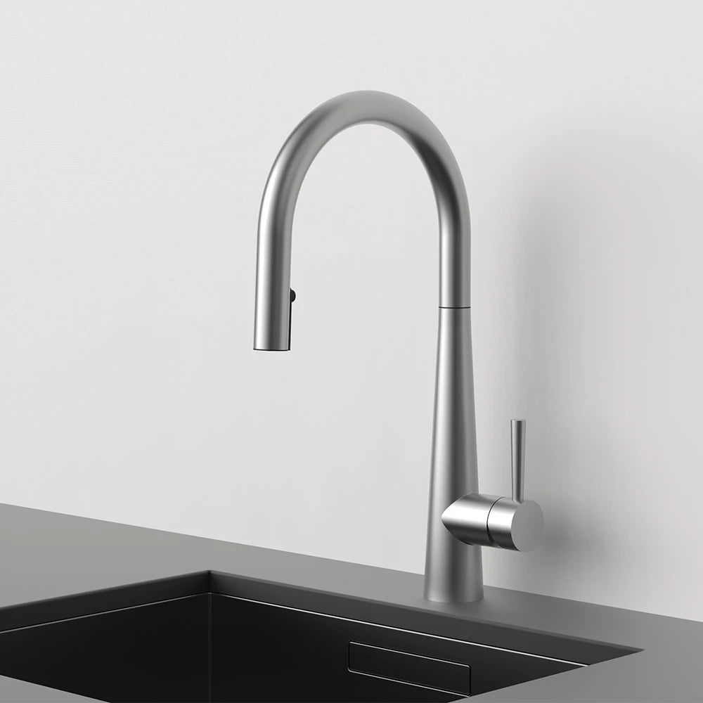 Brushed stainless steel pull-down kitchen faucet, high-arc gooseneck spout, side lever handle — SANIKB FYF-05047