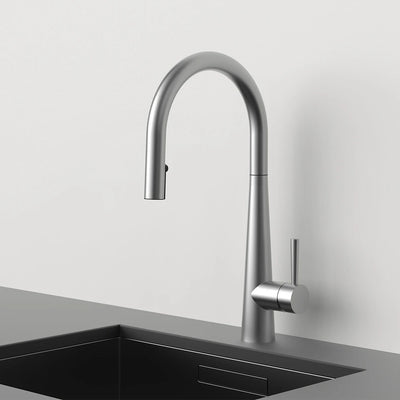 Brushed stainless steel pull-down kitchen faucet, high-arc gooseneck spout, side lever handle — SANIKB FYF-05047
