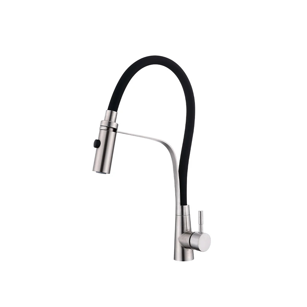 Brushed nickel pull-down kitchen faucet, stainless steel body, black gooseneck spout — SANIKB FYF-05052