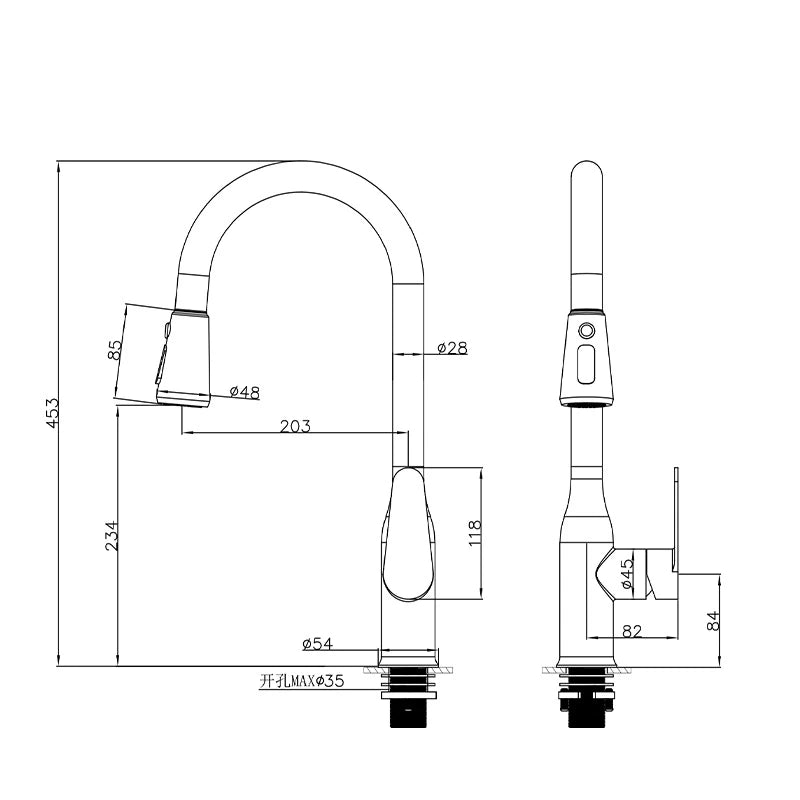 Technical dimension line drawing of the brushed stainless pull-down kitchen faucet, overall height 453 mm, spout reach 203 mm, spout height 234 mm, deck mount max Ø35 mm — SANIKB FYF-05037.