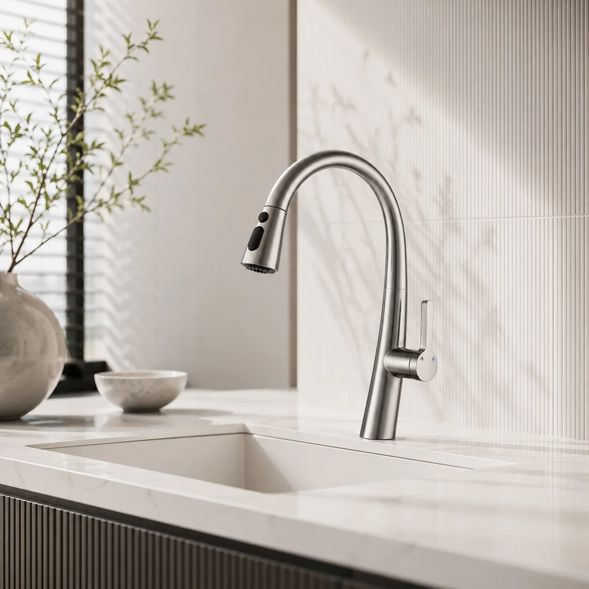 Pull down kitchen faucet stainless steel, installed kitchen lifestyle scene — SANIKB FYF-05016