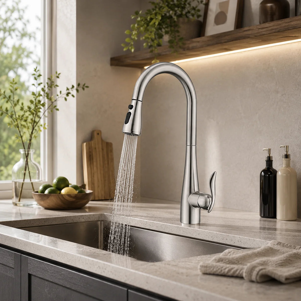 Pull down kitchen faucet stainless steel, installed kitchen lifestyle scene — SANIKB FYF-05024