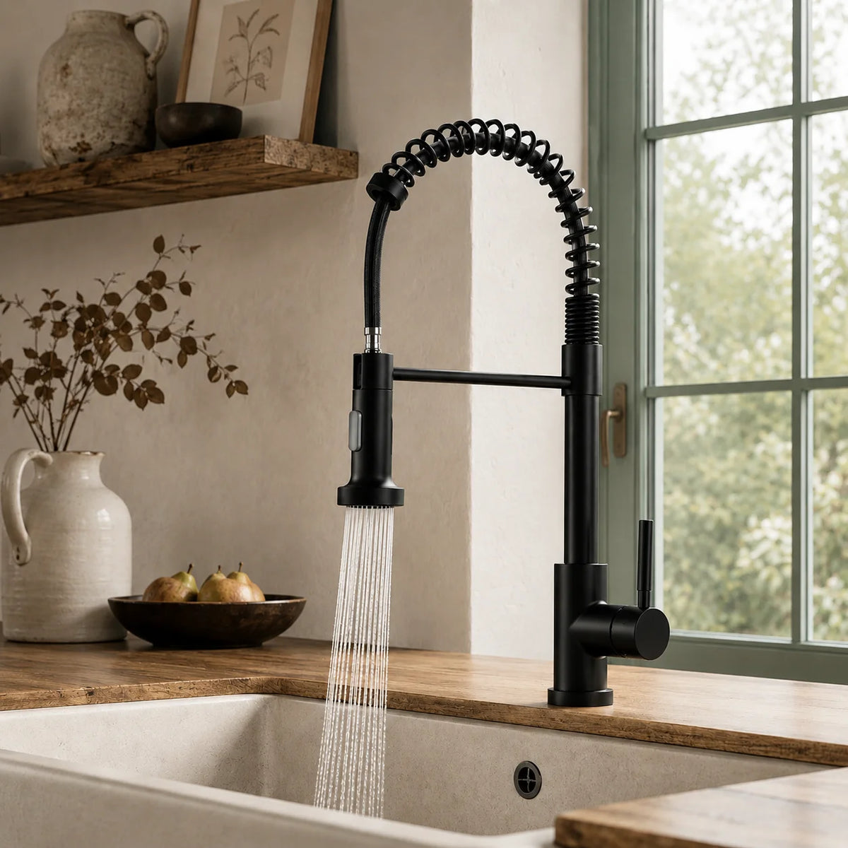 Pull down kitchen faucet stainless steel, installed kitchen lifestyle scene — SANIKB FYF-05035