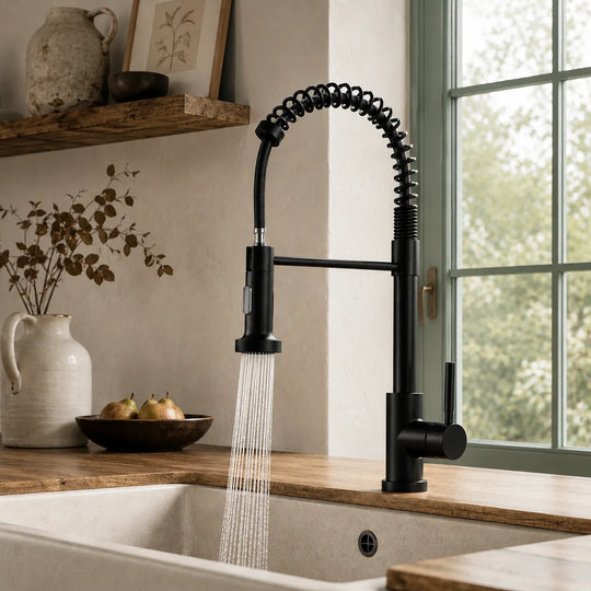 Pull down kitchen faucet stainless steel, installed kitchen lifestyle scene — SANIKB FYF-05035
