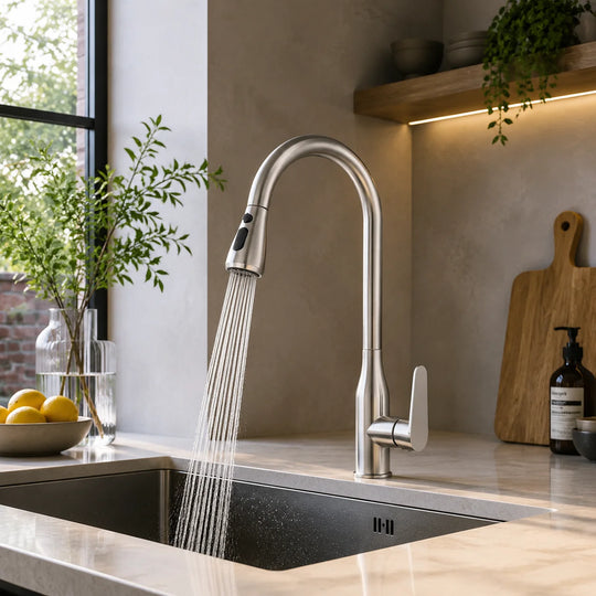 Pull down kitchen faucet stainless steel, installed kitchen lifestyle scene — SANIKB FYF-05037