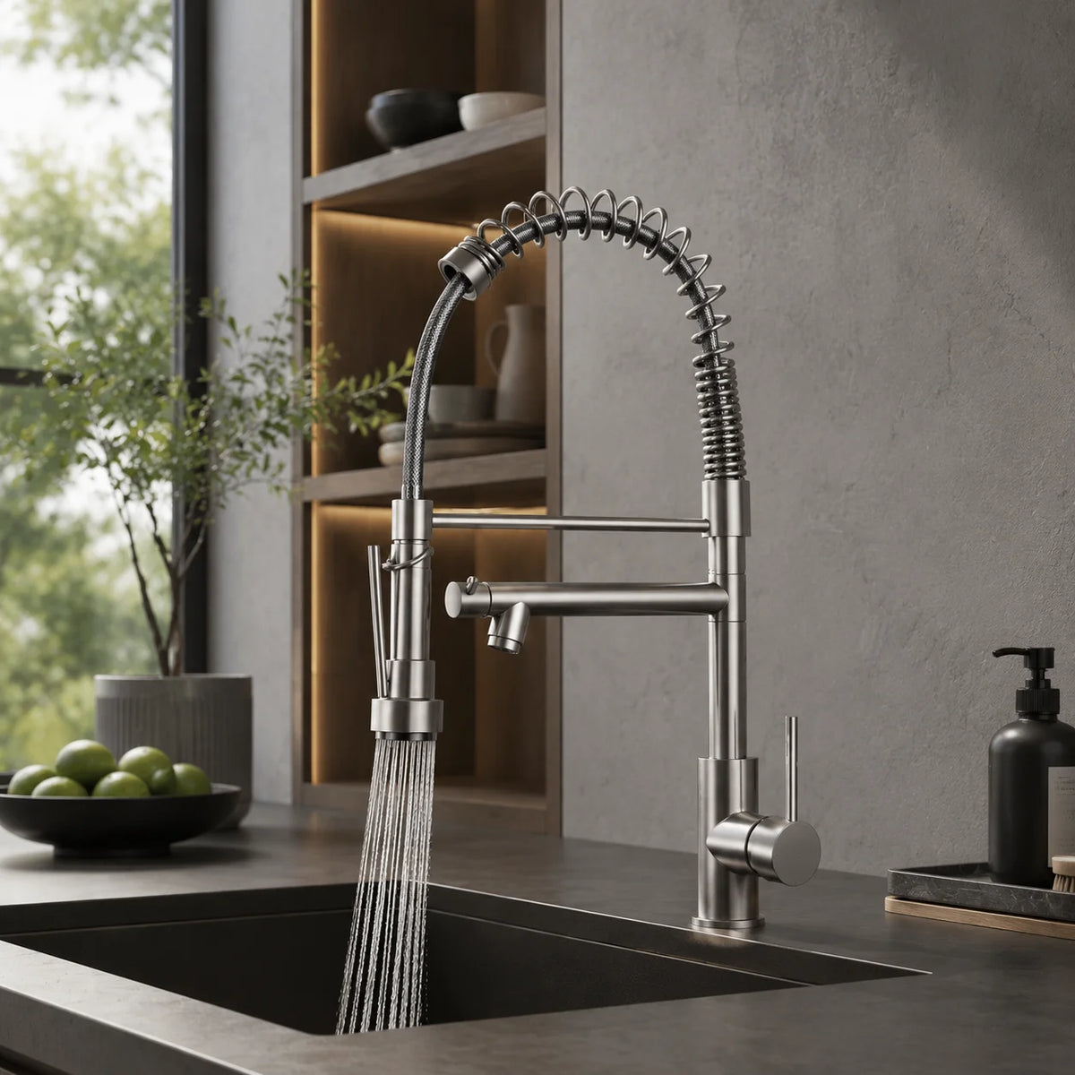 Pull down kitchen faucet stainless steel, installed kitchen lifestyle scene — SANIKB FYF-05039