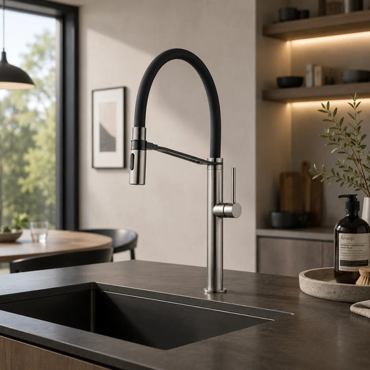 Pull down kitchen faucet stainless steel, installed kitchen lifestyle scene — SANIKB FYF-05046