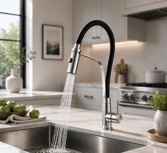 Pull down kitchen faucet stainless steel, installed kitchen lifestyle scene — SANIKB FYF-05052
