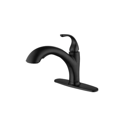 Matte black pull-out kitchen faucet, brass body, low-arc gooseneck spout with curved lever handle — SANIKB FYF-05020.