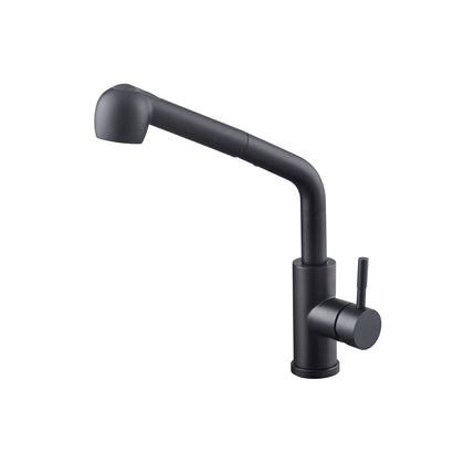Matte black pull out kitchen faucet, stainless steel body, angular pull-out spray head — SANIKB FYF-05023.