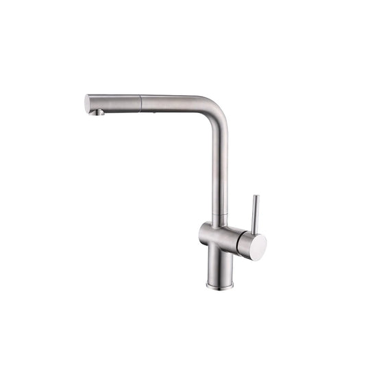 Brushed stainless steel pull-out kitchen faucet, stainless steel body, L-shaped high spout with pull-out spray — SANIKB FYF-05043