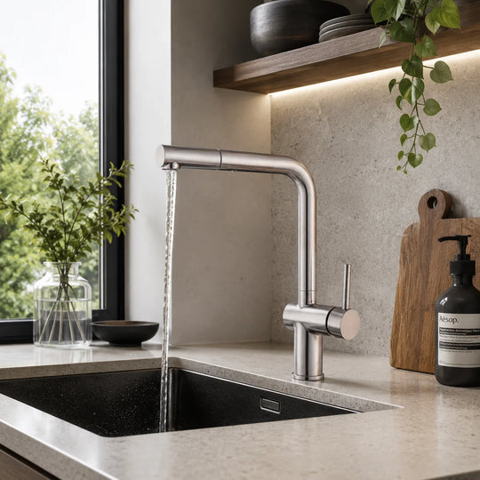 Pull out kitchen faucet stainless steel, installed kitchen lifestyle scene — SANIKB FYF-05043