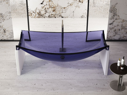 Purple Curved Transparent Bathtub on Slim End Supports; original factory model TW-8997T-2 catalogue detail view 1