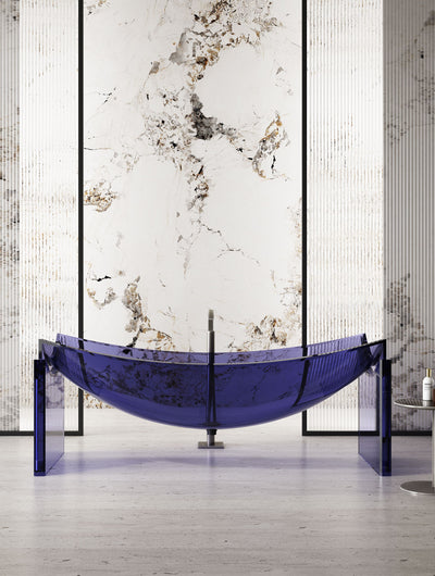 Purple Curved Transparent Bathtub on Slim End Supports; original factory model TW-8997T-2 complete product view