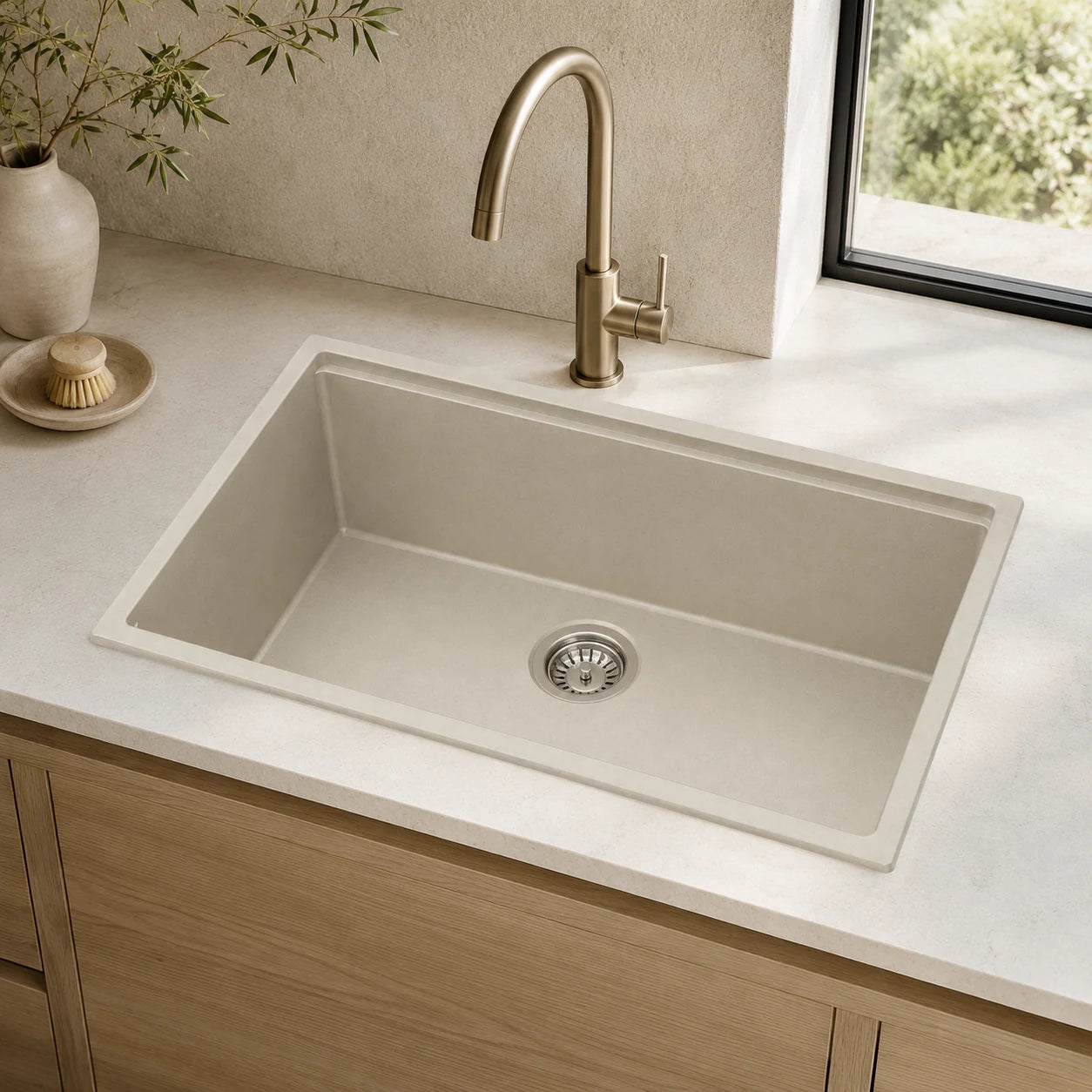 Quartz composite undermount kitchen sink installed in a styled kitchen — lifestyle scene, SANIKB SN8448.