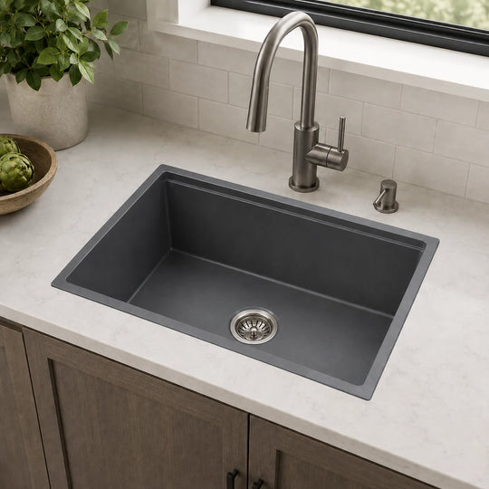 Quartz integrated kitchen sink installed in a styled kitchen — lifestyle scene, SANIKB SN6448.