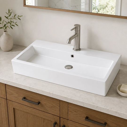 Rectangular ceramic trough basin installed in a styled bathroom — lifestyle scene, SANIKB SN162.